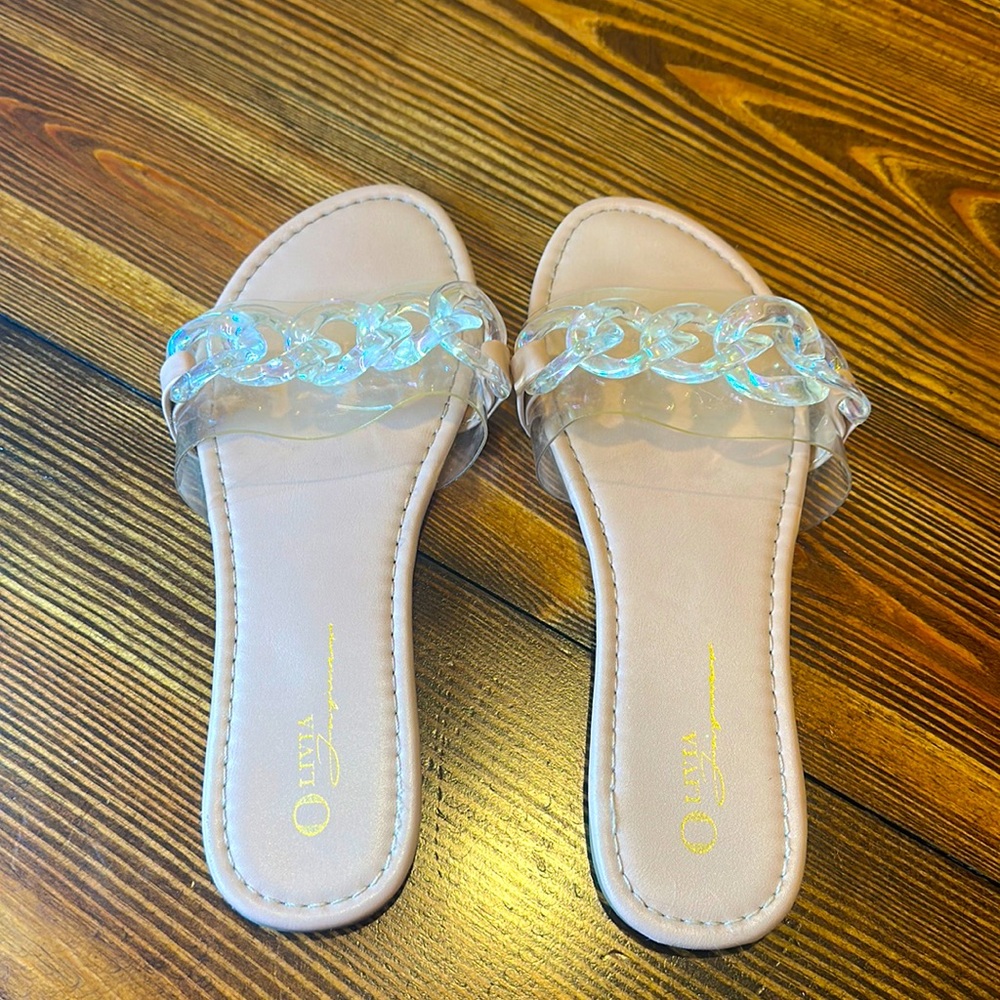 Olivia Women’s Pink Open Toe Flat Sandals W/ Transparent Chrome Chain Strap